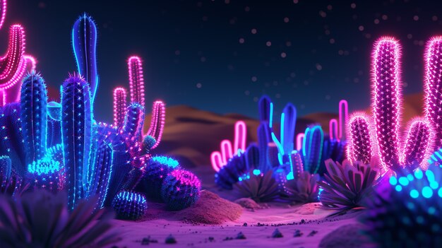 Renderizado en 3D de un vibrante cactus de neón en el desierto.