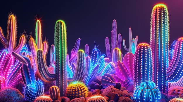 Renderizado en 3D de un vibrante cactus de neón en el desierto.