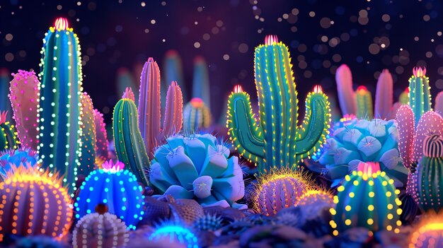 Renderizado en 3D de un vibrante cactus de neón en el desierto.