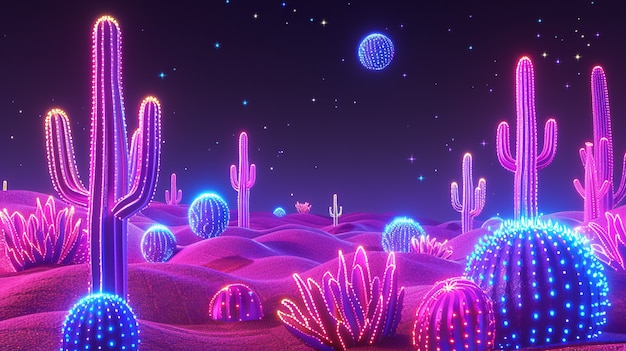 Renderizado en 3D de un vibrante cactus de neón en el desierto.