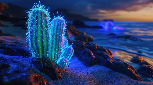 Renderizado en 3D de un vibrante cactus de neón en el desierto.