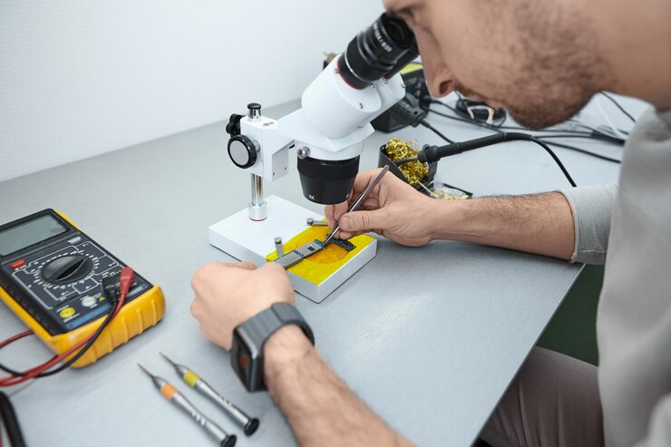 Foto gratuito reparador examinando la placa base del teléfono móvil bajo el microscopio en el laboratorio
