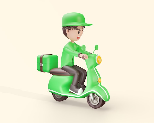 Repartidor Conducir scooter o motocicleta Concepto de personaje de dibujos animados de comida de entrega sobre fondo rosa Representación 3D