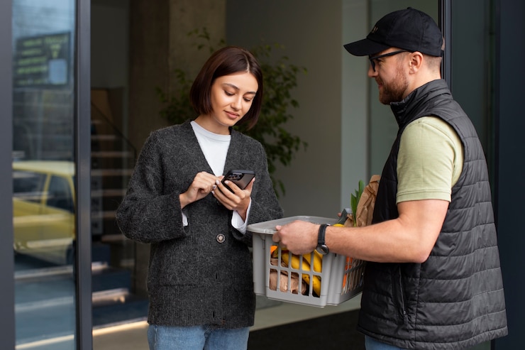 Foto gratuito repartidor dando orden de comestibles al cliente