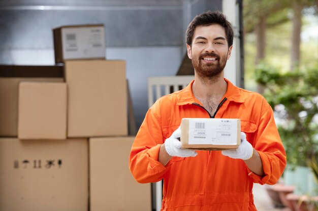 Repartidor joven sonriente preparando paquetes para la entrega