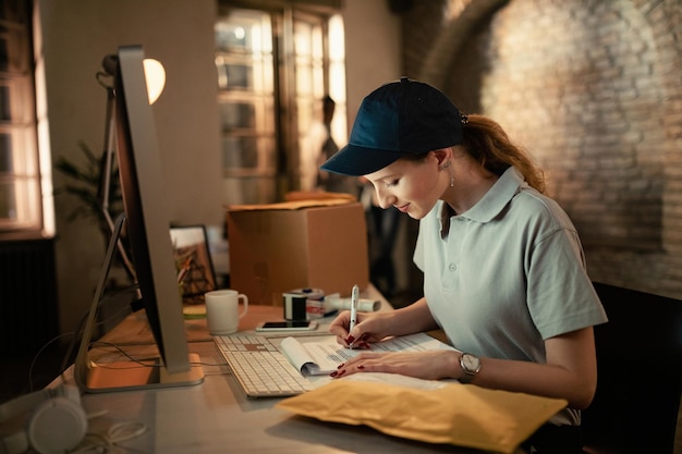 Repartidora escribiendo informes mientras prepara el paquete para un envío en la oficina