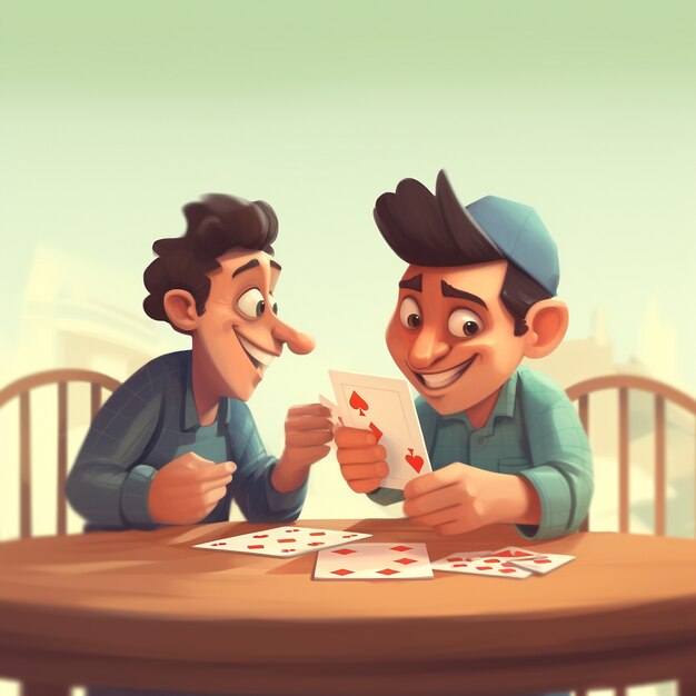 Representación 3D de amigos jugando al juego de cartas.