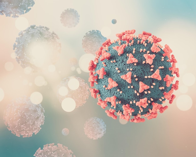 Representación 3D de antecedentes médicos con células del virus Covid 19