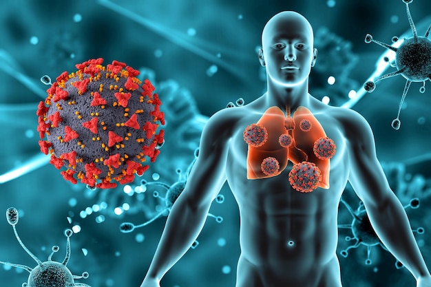 Representación 3D de antecedentes médicos con figura masculina y pulmones y células del virus Covid 19