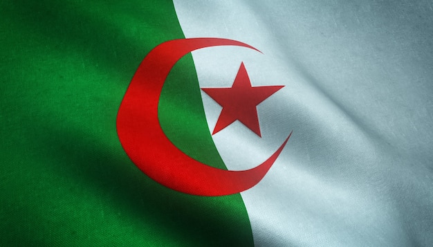 Representación 3D de una bandera ondeante de Argelia con texturas grungy