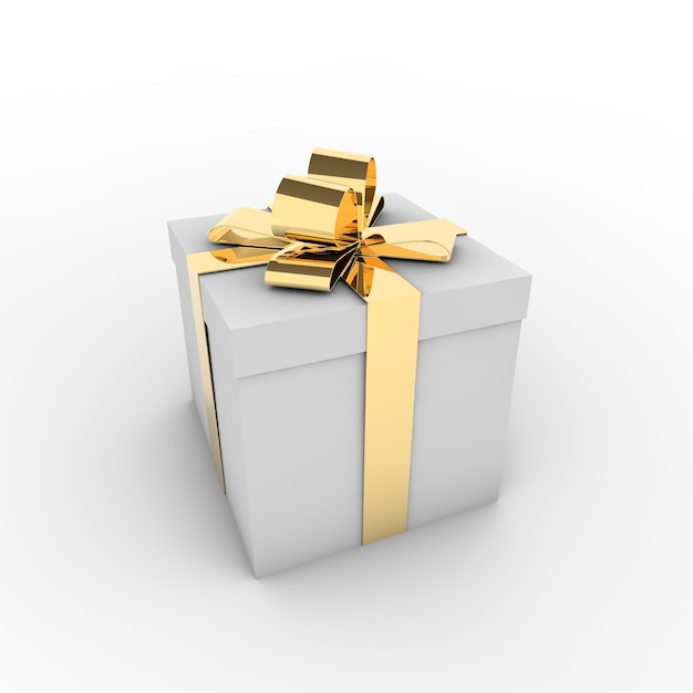 Representación 3D de una caja de regalo blanca con una cinta dorada aislado sobre un fondo blanco.