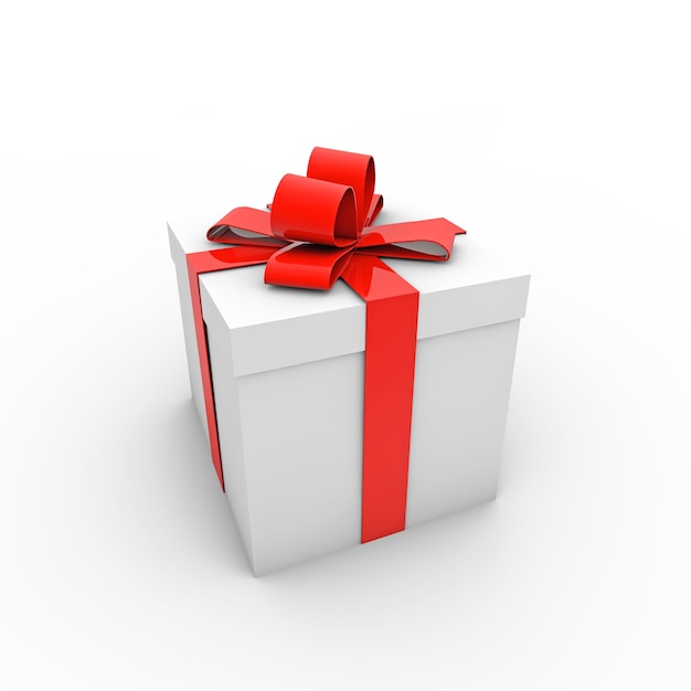 Representación 3D de una caja de regalo blanca con una cinta roja aislada sobre un fondo blanco.