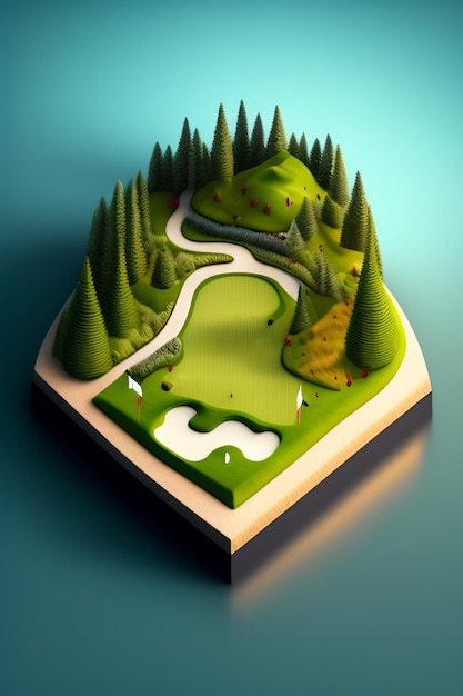 Foto gratuita una representación 3d de un campo de golf con árboles en la parte superior.