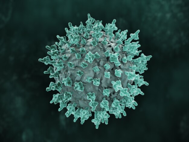 Representación 3D de una célula microbiana de coronavirus azul