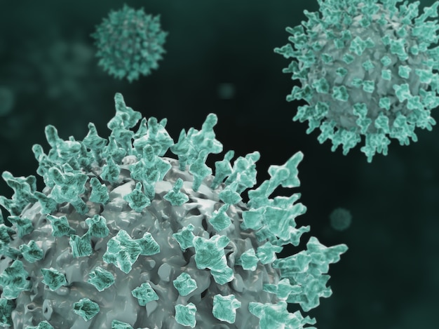Representación 3D de células microbianas del coronavirus azul