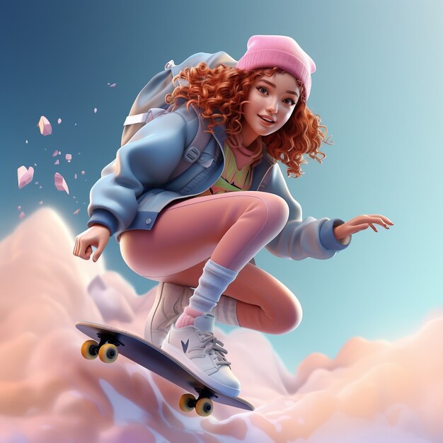 Representación 3D de una chica en patineta