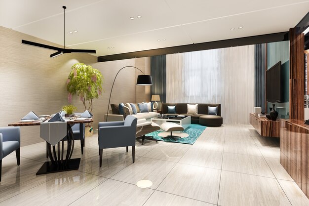 Representación 3d comedor moderno y sala de estar con decoración de lujo