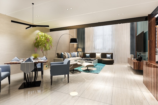 Representación 3d comedor moderno y sala de estar con decoración de lujo