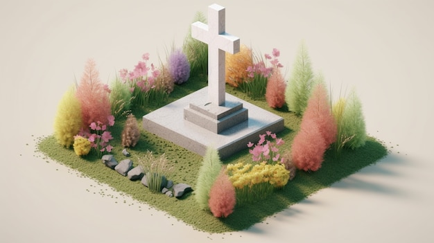 Representación 3D de cruz en el cementerio