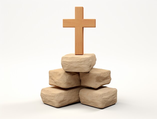 Representación 3D de una cruz encima de rocas