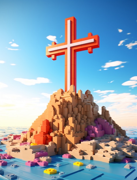 Representación 3D de una cruz encima de rocas