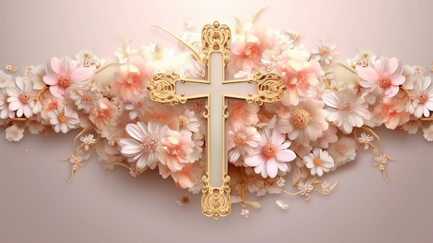 Representación 3D de cruz rodeada de flores.