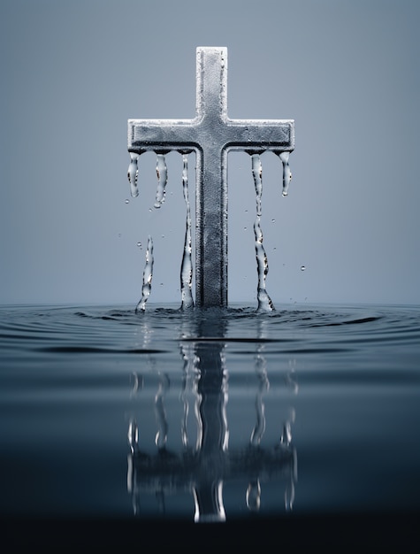 Representación 3D de una cruz sobre el agua.