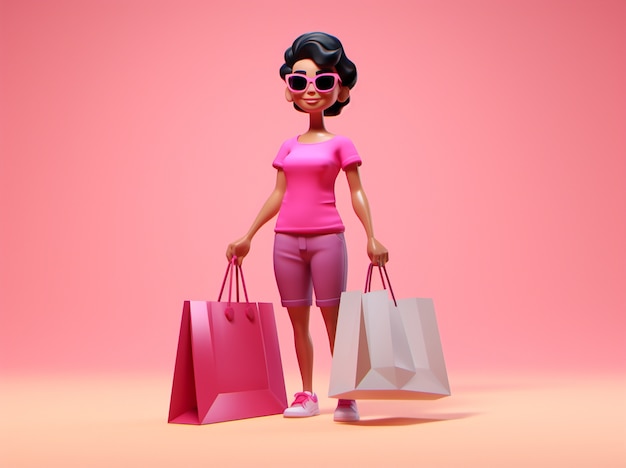 Representación 3D de dibujos animados como mujer de compras