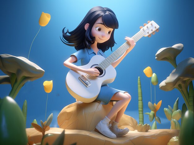 Representación 3D de dibujos animados como niña tocando la guitarra