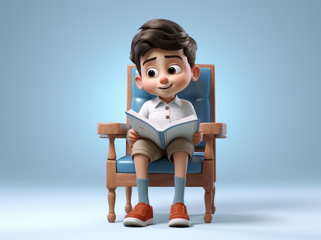 Representación 3D de dibujos animados como niño leyendo en un sillón