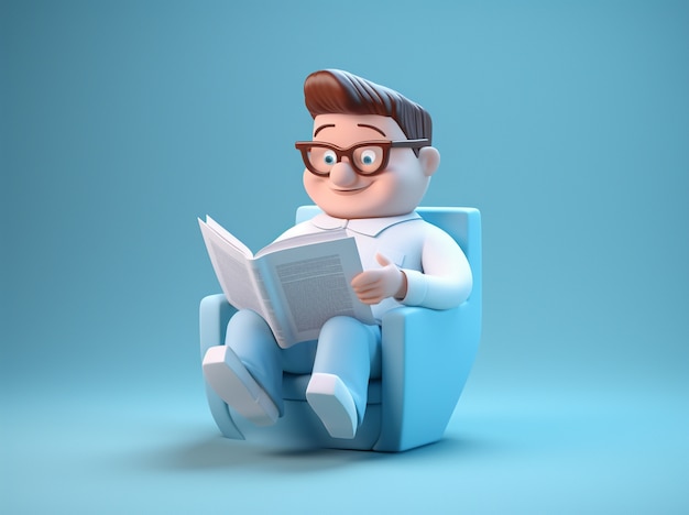 Representación 3D de dibujos animados como niño leyendo en un sillón