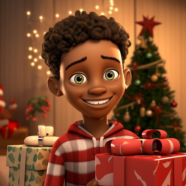 Representación 3D de dibujos animados como niño en la noche de Navidad
