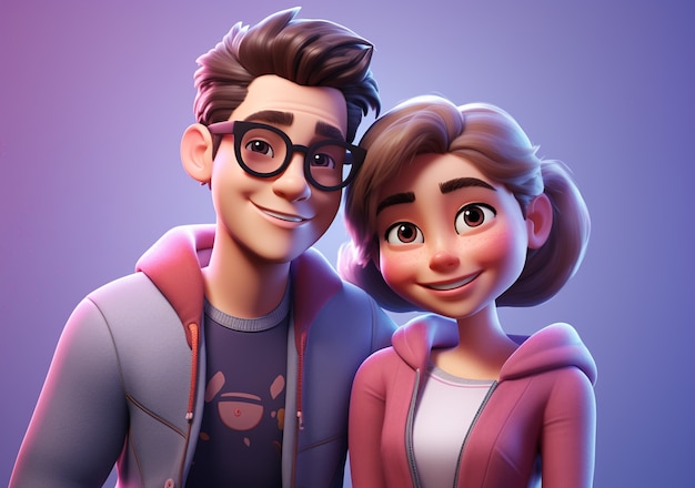 Representación 3D de dibujos animados como pareja joven