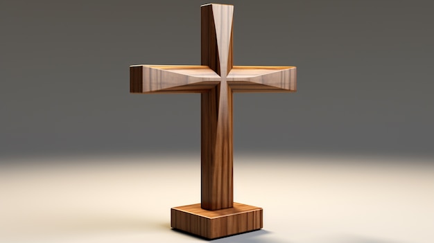 Representación 3D de una escultura de cruz de madera.