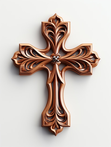 Representación 3D de una escultura de cruz de madera.