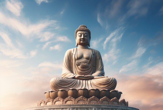 Representación 3D de la estatua de Buda contra el cielo.