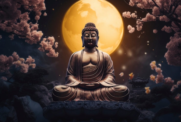 Foto gratuito representación en 3d de la estatua de buda rodeada de árboles en flor