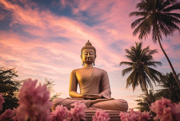 Representación 3D de la estatua de Buda rodeada de flores.