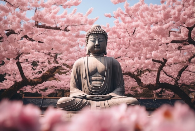 Representación 3D de la estatua de Buda rodeada de flores.