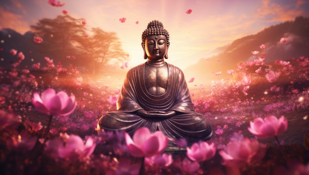Representación 3D de la estatua de Buda rodeada de flores.