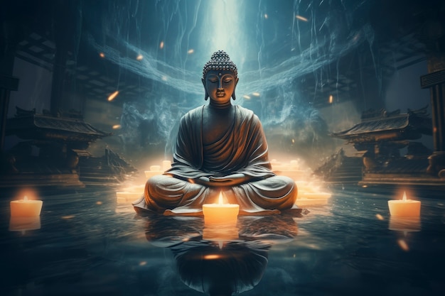 Representación 3D de la estatua de Buda y velas.