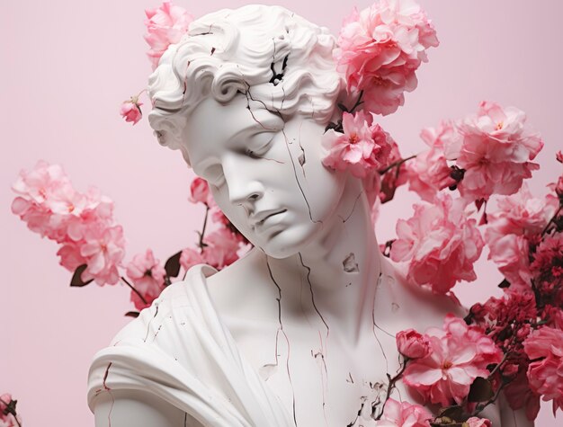 Representación 3D de estatua con flores.
