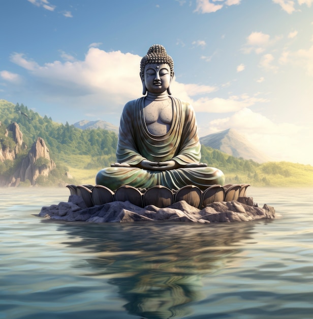 Foto gratuita representación 3d del estatuto de buda en el lago