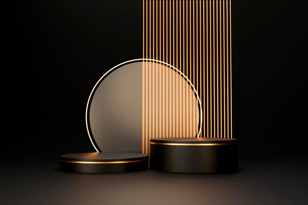 Representación 3d de fondo de exhibición de producto de pedestal de podio de lujo negro y dorado