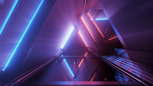 Representación 3D de un fondo futurista con formas geométricas y luces de neón de colores