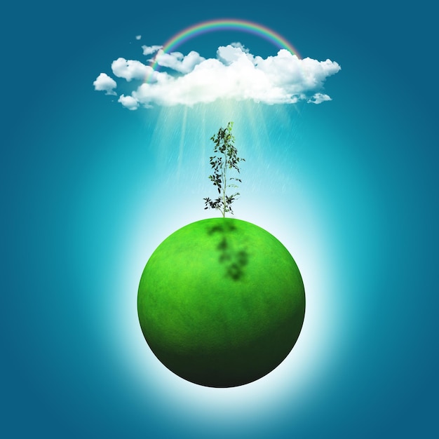 Representación 3D de un globo de hierba con un arco iris de plántulas y una nube de lluvia