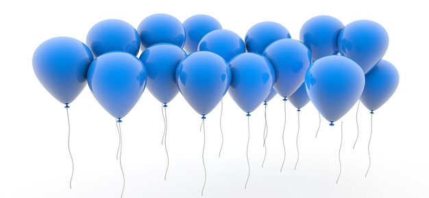 Representación 3D de globos azules brillantes sobre un fondo blanco.