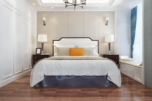 Representación 3d hermosa suite de dormitorio de lujo contemporáneo en hotel con tv