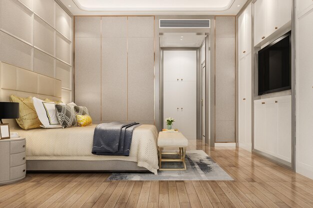 Representación 3d hermosa suite de dormitorio de lujo contemporáneo en hotel con tv