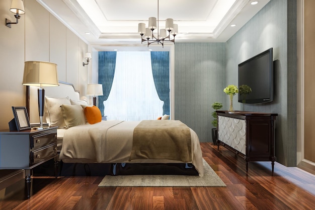 Representación 3d hermosa suite de dormitorio de lujo en hotel con tv y lámpara de araña
